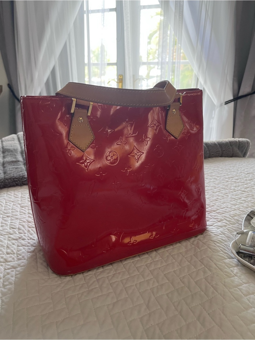 Louis Vuitton Patent Monogram Red Tote with Tan Handles